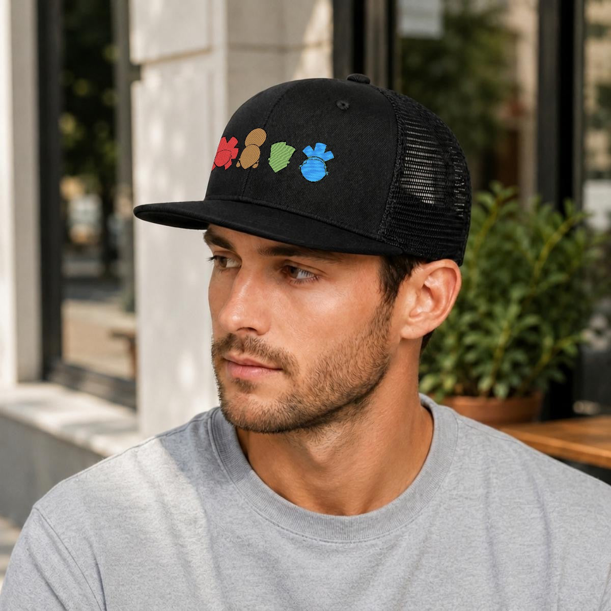 Embroidery Flat-Brim Mesh Cap