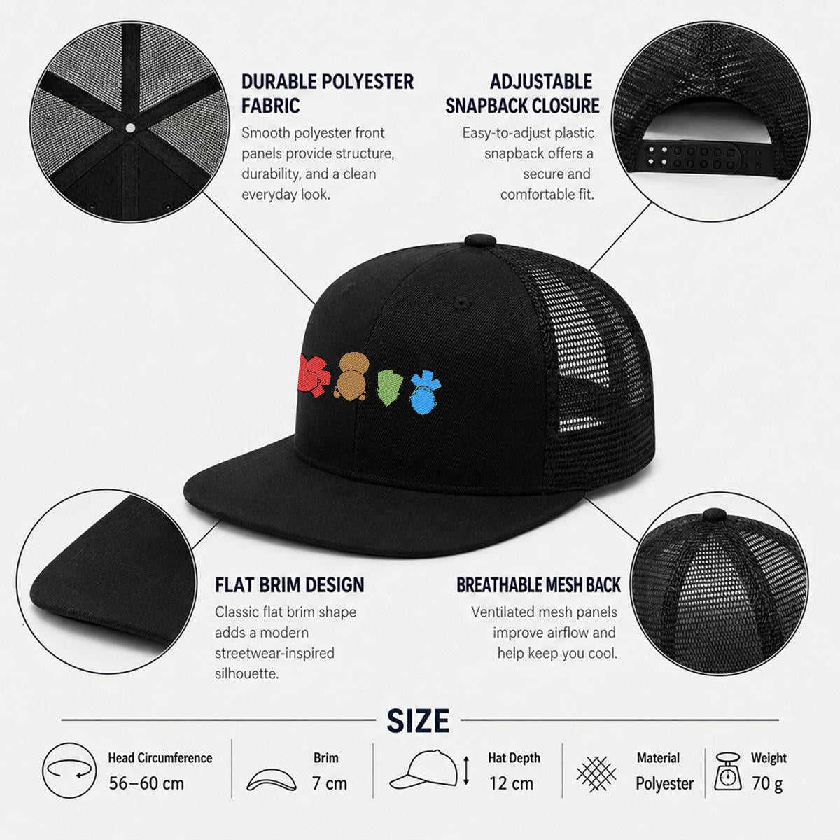 Embroidery Flat-Brim Mesh Cap